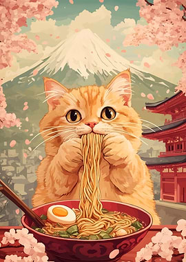 Cat eating ramen with Mount Fuji