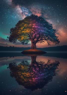 Colorful Tree Reflection Under Starry Sky