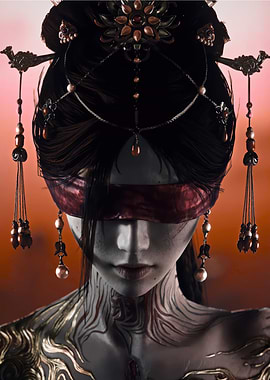 Blindfolded Woman with Ornate Headdress