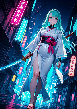 Cyberpunk Style Anime Girl with Katana