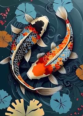 Two Koi Fish in a Pond