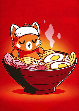 Red Panda in Ramen Bowl Illustration
