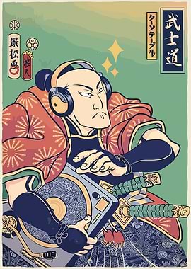 Samurai DJ Ukiyo-e Style Illustration