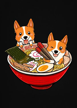 Corgis in Ramen Bowl Illustration