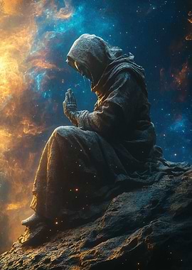 Hooded Figure Praying on Rocky Peak