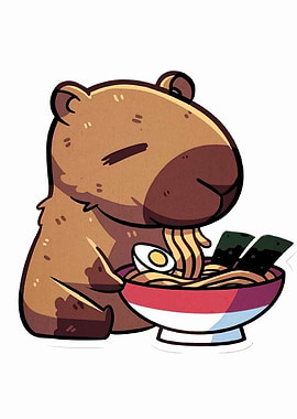 Capybara eating ramen cartoon illustration