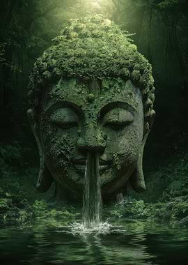 Mossy Buddha Head with Waterfall