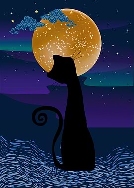 Black Cat Silhouette Under Starry Moon