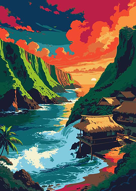 Tropical Island Landscape with Thatched Huts