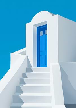 White Building with Blue Door and Stairs