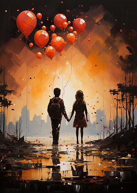 Couple Holding Hands with Balloons