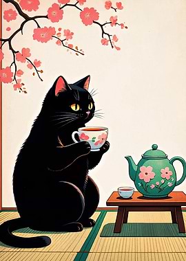 Black Cat Drinking Tea with Cherry Blossoms