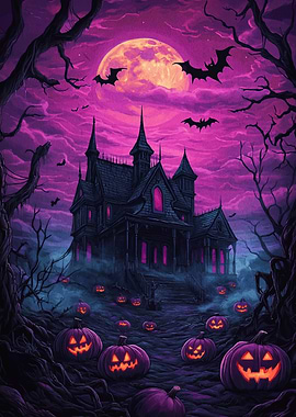 Spooky Halloween Haunted House with Pumpkins