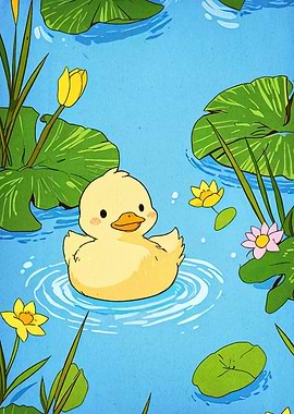 Cute Duckling in a Pond Illustration