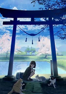 Anime Girl with Cats by Torii Gate