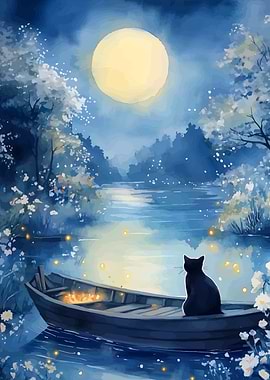 Cat on Boat Under Moonlight Painting