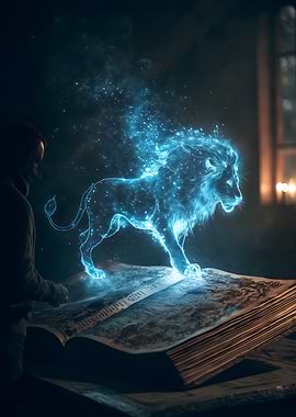 Glowing Lion Emerging from Ancient Book