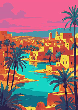 Vibrant Desert Oasis Cityscape Illustration