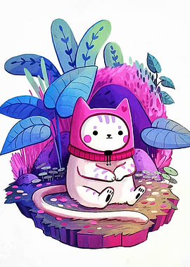 Cute Hooded Cat in Fantasy Landscape