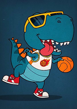 Cartoon Dinosaur Playing Basketball
