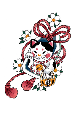 Maneki Neko with Daruma and Flowers