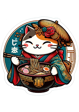 Cat in Kimono Eating Ramen