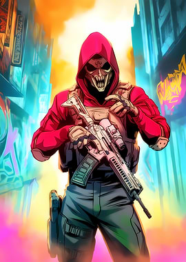 Hooded Figure with Rifle in Cityscape