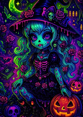Neon Halloween Witch with Pumpkins