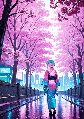 Anime Girl in Kimono Under Cherry Blossoms Japan