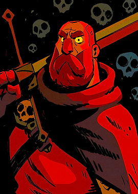 Red Warrior with Sword and Skulls