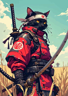 Samurai Cat Warrior in Field