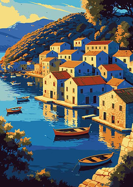 Coastal Village with Boats and Reflections