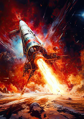 Rocket Launching into Space with Fiery Blast
