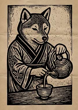 Anthropomorphic Dog Pouring Tea Illustration
