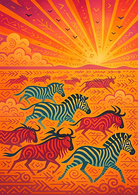 African Animals Migration at Sunset