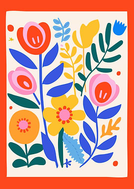 Colorful Floral Illustration with Orange Border