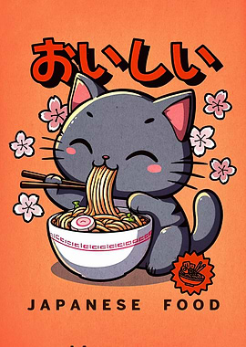 Cute Cat Eating Ramen Illustration