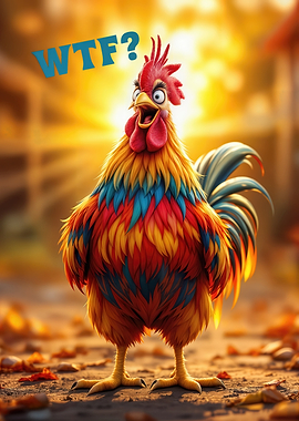 Surprised Colorful Rooster with WTF Text