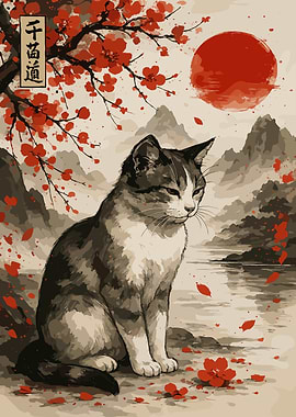 Cat in Japanese Landscape Art