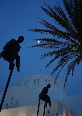 Santorini Nightscape with Sculptures and Church