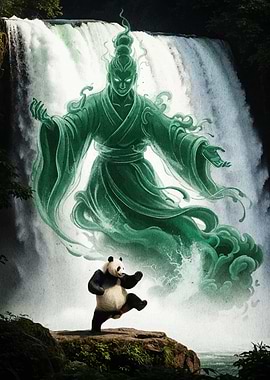 Panda and Spirit by Waterfall