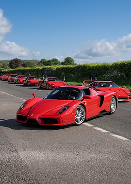 Red Ferrari Enzo leading Classic Ferrari Convoy