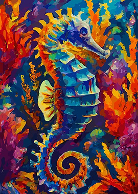 Colorful Seahorse in Coral Reef Painting