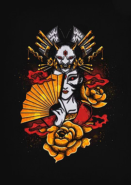 Geisha with Oni Mask and Roses