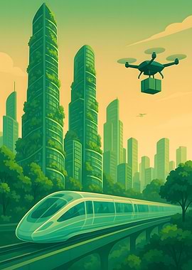 Green Cityscape with Train and Drone