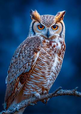 Great Horned Owl Portrait on Branch