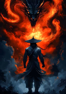 Samurai and Dragon in Fiery Landscape