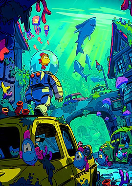 Underwater Cityscape with Astronaut Fish