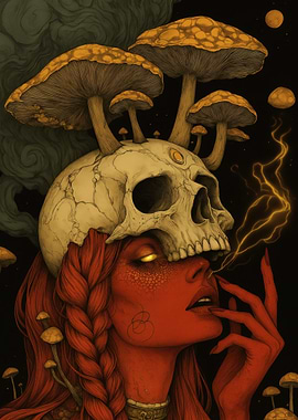 Red-skinned woman with skull and mushrooms