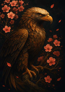 Eagle among cherry blossoms